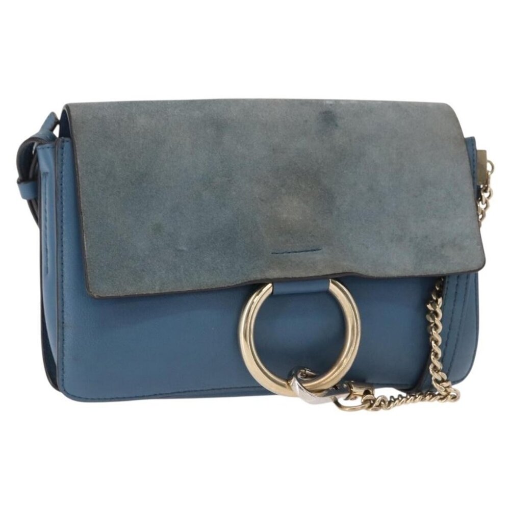 Authentic Chloe Fay Shoulder Bag Suede Leather Blue Gold